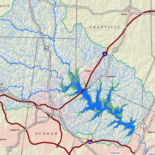 maps of the Neuse River and its falls in 1943 and of Falls Lake today