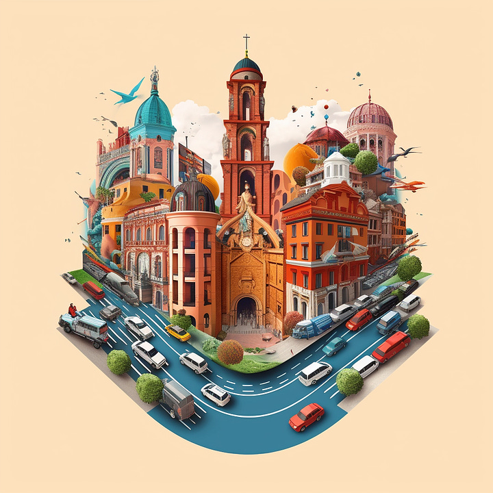 "Create an image that encapsulates the vibrant connection between South America and Europe during a transcontinental business journey. The image should showcase a seamless blend of cultural diversity and international commerce, featuring elements from Chile, Bogotá, and Madrid", Prompt for MidJourney