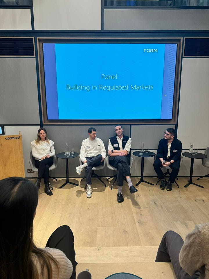 Future of Regulated Markets Summit hosted by Form Ventures, featuring Lord Johnson, Minister for Investment & Regulatory Reform, Ed Steele (Hoxton Farms), Finn Stevenson (Flok Health), Sarah Gates (Wayve)