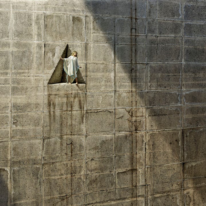 LEFT: Detail from CHASM featuring a woman standing in a tetrahedral crevice cut into the face of an enormous stone facade. The sun cuts across the wall bathing her in light. There isn't room to comfortably stand, and she tentatively peers out. RIGHT: Close detail from CHASM featuring a woman in white robes with blue trim. The hem is high enough to see her legs, with her feet placed uncertainly as she peers out of the shallow tetrahedral crevice cut into the stone facade.