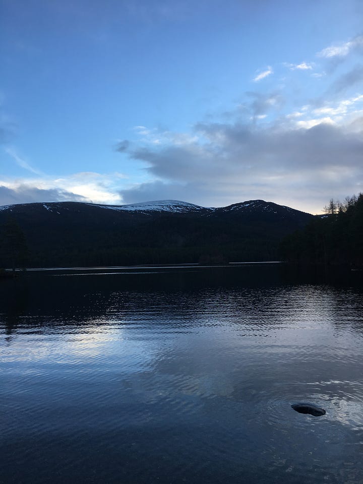 Images: 1. Loch an Eilein with the castle shadowed just off centre; 2-3. Lochan Mor as the drizzle came; 4. one of The Lochans with icy edges.