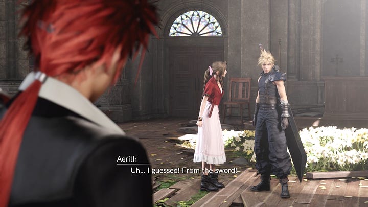 Aerith letting a detail slip which she definitely isn't supposed to know, then claims it was just a guess.