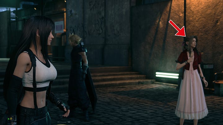 Tifa and Aerith are looking around when reaching the train station plaza. The latter lets out a surprised gasp when noticing the Whispers' presence.