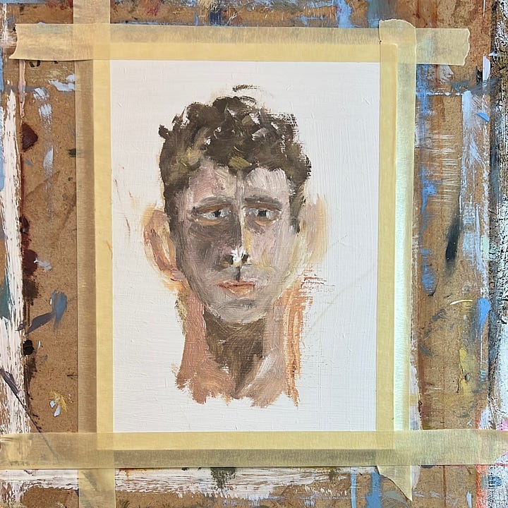 Four images showing an artist's self-portrait using oil, waterclor, pen, and ink. 