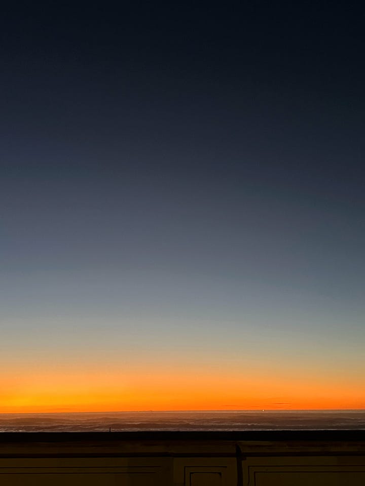 Photo of sunset juxtaposed with similar sunset as background of What We Owe The Future by Will MacAskill