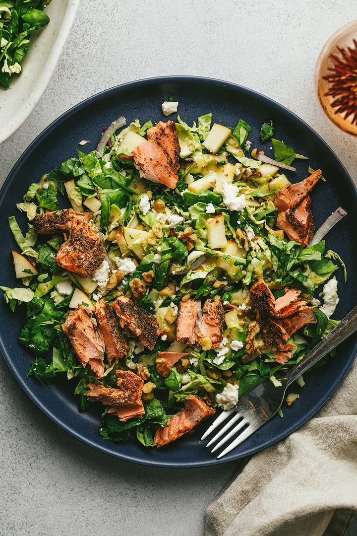 Za'atar salmon with the harvest slaw salad plated.