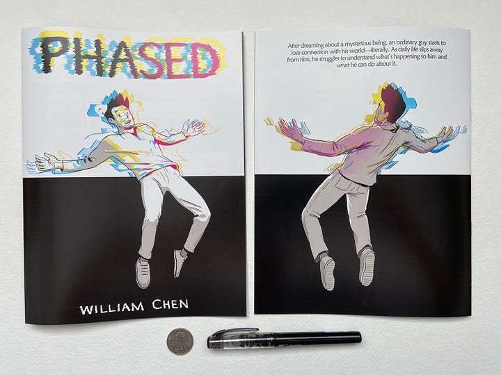 The front and back cover of the Phased comic book, as well as the first several pages.