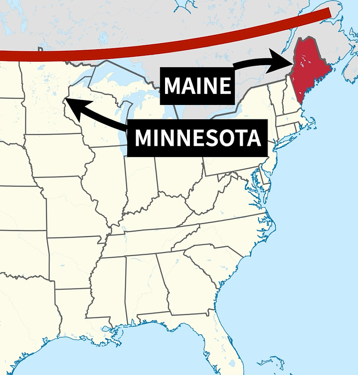 Common map misconceptions: L: Maine is not most north in USA, R: Africa is shares longitude with big part of the US 