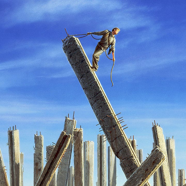 LEFT: Detail from THE SCALE OF ETERNITY featuring a man climbing a concrete pylon that tilts at a steep angle, rising above a metaphoric “city” of stone towers set against blue sky traced with wispy layers of clouds. The tilting pylons in the foreground form an implied triangle with the faces of those stones in shadow. Other pylons fall to intersect the main segment being climbed. RIGHT: Figure detail from THE SCALE OF ETERNITY featuring a man climbing a concrete pylon that tilts at a steep angle. His rope is attached to rebar protruding from the top of the column. Nearing the top, he grasps it with one hand, winding the slack behind him as he can't help but glance back toward the sun, which is off-panel right.