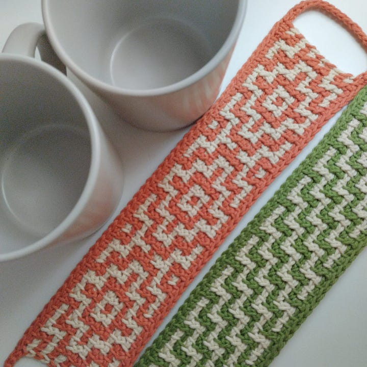 Examples of mosaic tunisian crochet from @_entre_agulhas_, from left to right, top to bottom: bookmarks, Folium gloves, stitch detail, mug cosies.