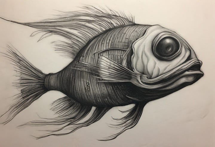 Charcoal drawing of an alien fish, made in SDXL 1.0 and Midjourney V5.2