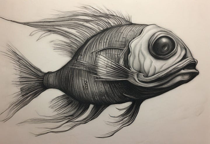 Charcoal drawing of an alien fish, made in SDXL 1.0 and Midjourney V5.2