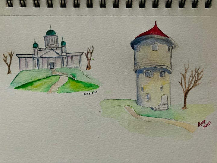 painting of a stone wall, painting of a tower