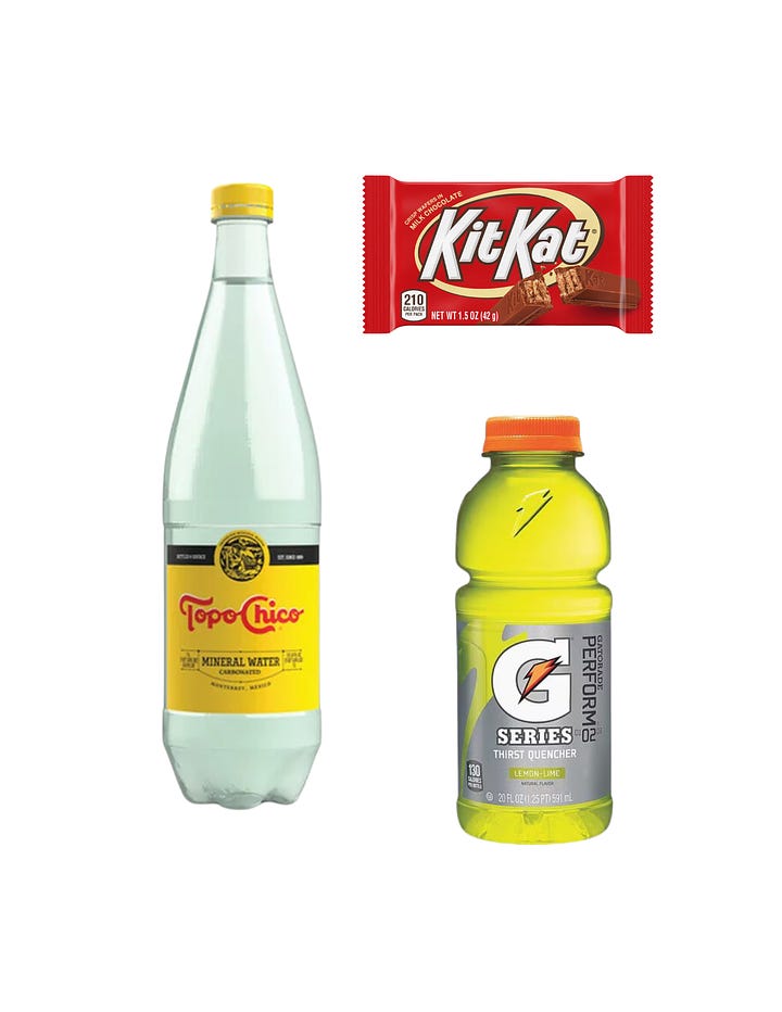 Collage of beverage images including two bottles of Topo Chico mineral water, a Gatorade bottle, a Kit Kat bar, and images of tacos and a cocktail. The caption questions how the value of Topo Chico changes when sold in glass bottles versus plastic.