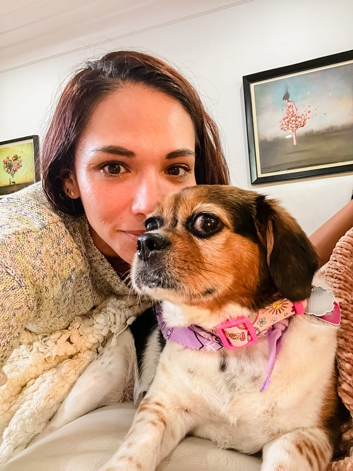 Selfie image of woman and her beagle-King Charles Cavalier Spaniel mix dog; Selfie image of two women and two men and a dog on a couch in a living room.