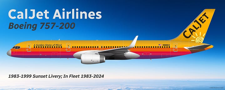 CalJet Boeing 757-200 (L) and CalJet Boeing 737-300 (R) in 1983-1999 Sunset livery, both shown in side view.