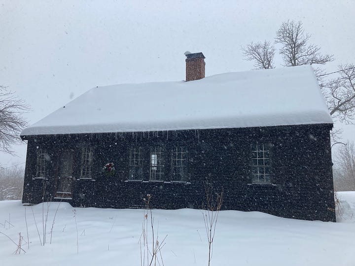 house in snow, green expanse