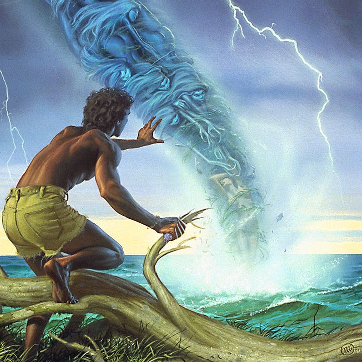 LEFT: Detail from JOURNEY BEHIND THE WIND featuring a dark skinned man in cut off shorts stepping over a driftwood tree. With one hand, he reaches toward a cyclone touching down just off shore. The other hand anchors on a broken tree branch. His feet are bare, and he wears a simple woven bracelet on his wrist. RIGHT: Close detail from JOURNEY BEHIND THE WIND featuring the cyclone touching down just off shore. At the bottom of the vortex, a woman in distress covers her eyes with her arm as twisted spirits reach down the funnel toward her. The naked forms of the spirits sometimes appear human but lower down the faces distort and limbs elongate. Forks of lightning spark against stormy clouds over turbulent green water.