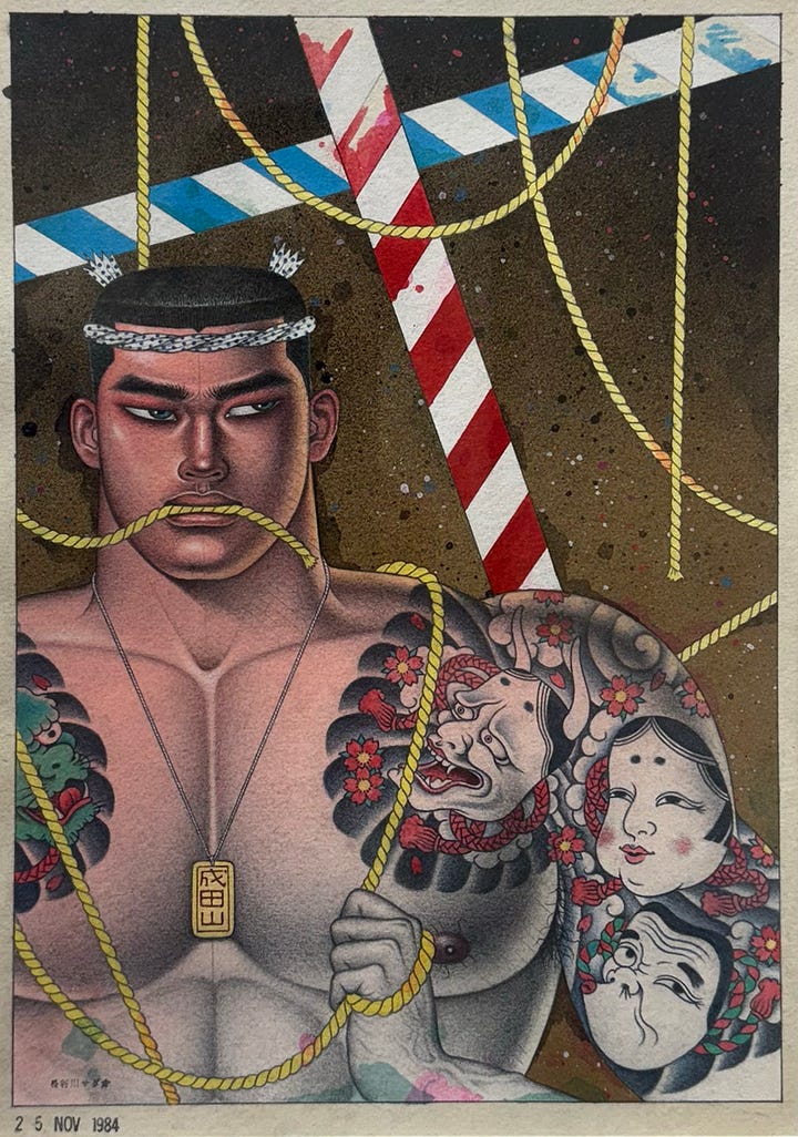 1) A blue portrait of a man's face is seen on a light blue canvas. He is surrounded by rocks, pebbles, a feather, a lizard, and a seashell. 2) An Asian man with short spiky hair is seen against a white background. His skin is a half orange and half blue gradient. He looks peaceful with his eyes closed. 3) A large face of a man is surrounded by different colored rulers and tape measures. His face is made of several different colors, like blue, green, white, orange, and pink. He has blue eyes and is staring straight ahead. 4) A large muscular Asian man with traditional Japanese tattooed arms and pecs is standing against a brown speckled background. He is wearing a necklace with a gold pendant, and he has a white rope bandana on his head. There is red and white, and blue and white tape in the top, and he is surrounded by yellow rope, some of which is in his mouth.