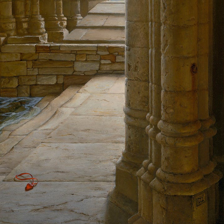 TOP LEFT: Detail of SANCTUARY featuring a discarded glass heart on a red silk ribbon and a transparent sphere containing a solitary flame floating through a passage of stone columns toward a peaked archway. TOP RIGHT: Close detail of SANCTUARY featuring a red glass heart on a silk ribbon discarded on the worn stone. BOTTOM LEFT: Close detail of SANCTUARY featuring a solitary flame inside a transparent sphere with a bubble-like sheen passing through classical stone columns towards a peaked archway. BOTTOM RIGHT: Close detail of SANCTUARY featuring the stylized letter "M" chiseled into the column in the lower right of the painting.