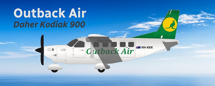 The current Outback Air fleet: 1) Bombardier DHC-8 Q400QCC Combi; 2) Bombardier DHC-8 Q200, 3) Cessna 208B Grand Caravan; 4) Daher Kodiak 900; 5) de Havilland Canada DHC-6-300 Twin Otter. 