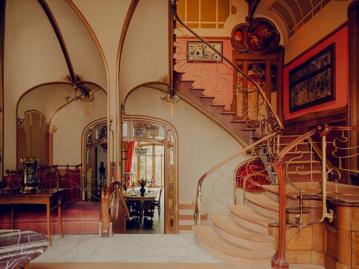 From Top Left - Alphose Mucha poster, Victor Horta Hotel Tassel, Charles Rennie Mackintosh Rose design and Gustave Klimt's portrait of Adele Bloch-Bauer