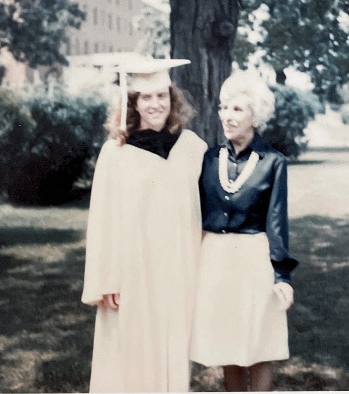 A girl with long fuzzy hair and striped pants, strumming a guitar. And a high school graduate in gown standing with her mother