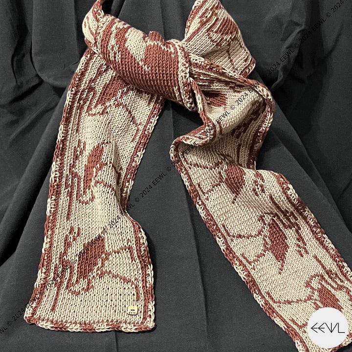 Images of the red and gray EEWL scarf featuring the bennu bird.