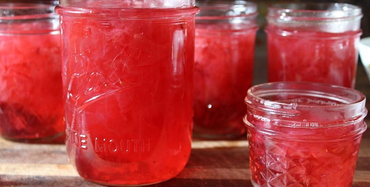 red rose jam gleaming in a glass jar; a bush of pink roses