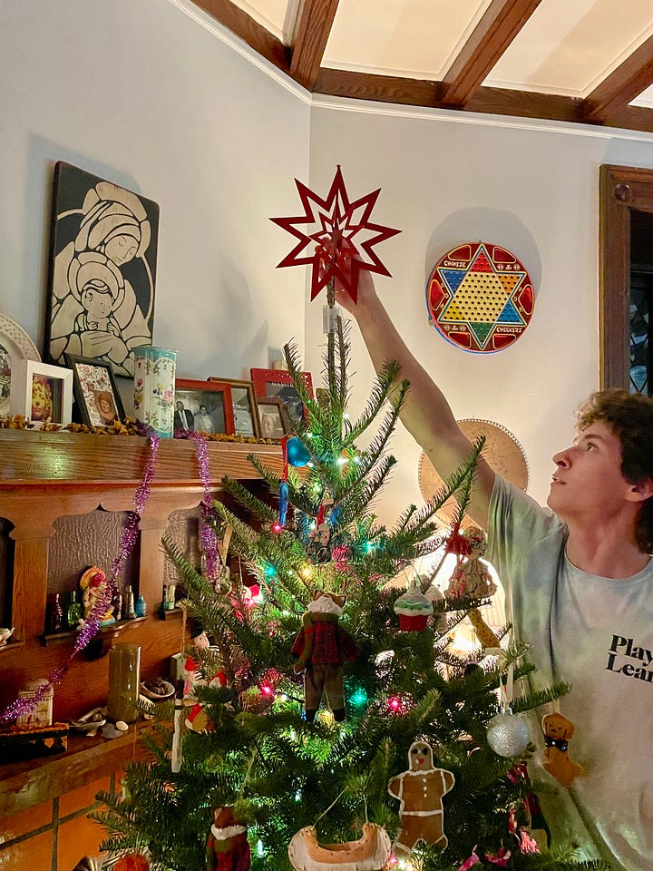 four photographs of a christmas tree, one close up, one with a young man placing the star on the top of the tree, and one of a grey cat playing with a string of lights