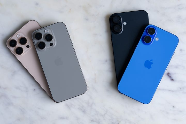 iPhone 16 and iPhone 16 Pro in various colors and configurations