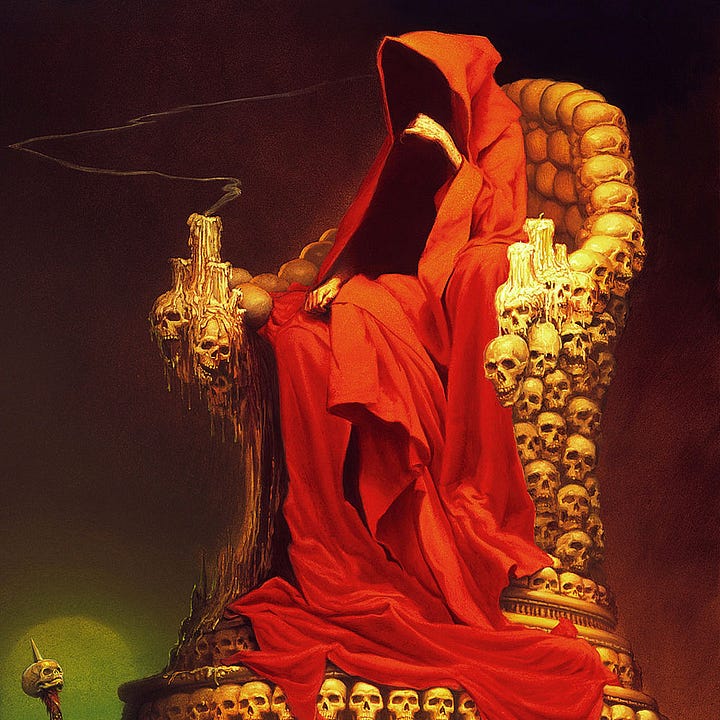 LEFT: Figure detail from THE CRIMSON KING featuring the red cloaked figure whose face falls in shadows as he sits on a throne of skulls. Candles set on each arm of the throne melt over the inset skulls. A wisp of smoke caught by a draft trails in a zig zag.   RIGHT: Foreground detail from THE CRIMSON KING featuring the base of the throne which is a circular dais ringed by skulls. A speak sticks up on an angle with a tiny skull piked at the top. On the floor lie several bodies. One man died clutching his throat. Another mostly obscured body is noticeable by its clenched hands, suggesting he died in a horrible state of pain. Faced away from the audience, a woman in a white gown lies awkwardly on one hip while her arm extends behind her where she fell. An empty chalice lies on its side. The background left is an acidic green highlighting a rounded archway.