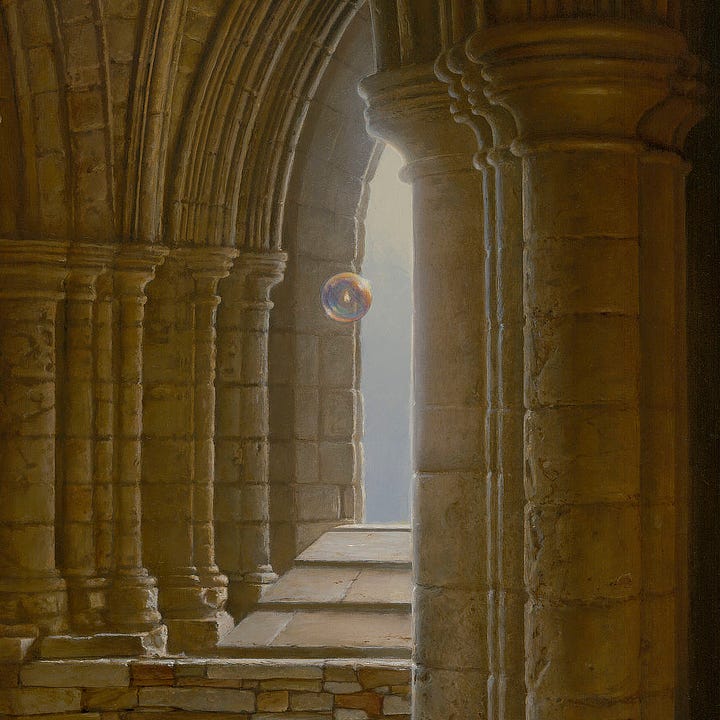 TOP LEFT: Detail of SANCTUARY featuring a discarded glass heart on a red silk ribbon and a transparent sphere containing a solitary flame floating through a passage of stone columns toward a peaked archway. TOP RIGHT: Close detail of SANCTUARY featuring a red glass heart on a silk ribbon discarded on the worn stone. BOTTOM LEFT: Close detail of SANCTUARY featuring a solitary flame inside a transparent sphere with a bubble-like sheen passing through classical stone columns towards a peaked archway. BOTTOM RIGHT: Close detail of SANCTUARY featuring the stylized letter "M" chiseled into the column in the lower right of the painting.