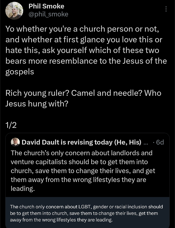 Tweets including "The church's only concern about landlords and venture capitalists should be to get them into church, save them to change their lives, and get them away from the wrong lifestyles they are leading"