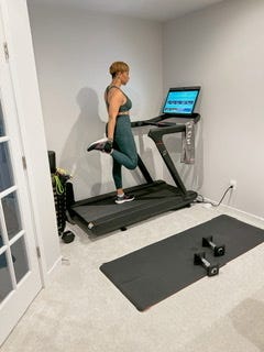 All four pictures of a woman working out, one picture doing yoga, another lifting weights, and another on the treadmill.