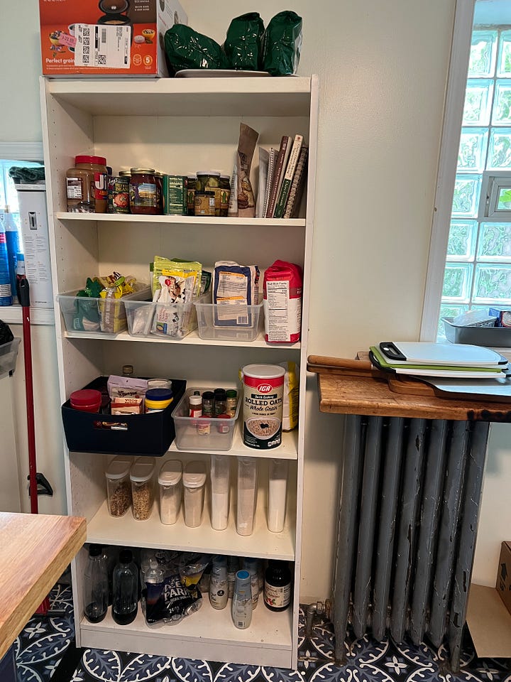 two images of the same open shelf pantry, one incredibly messy, the other neat and organized