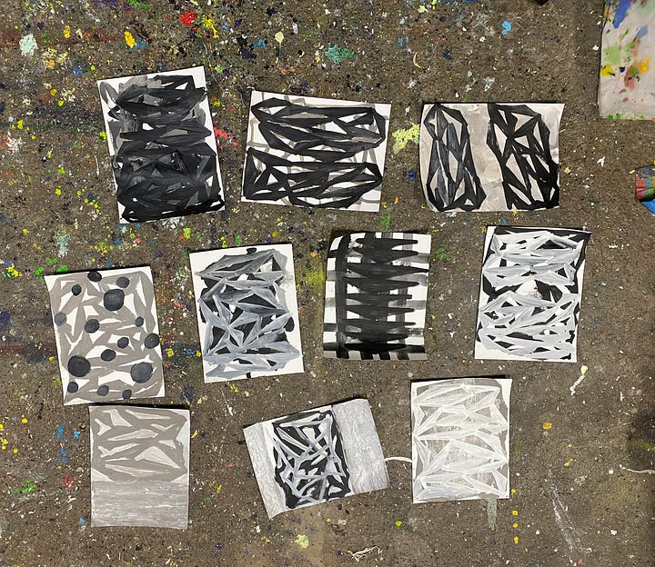 10 new abstract drawings on paper, acrylic, 9 x 12 inches each