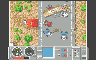 On the left, a topdown view of a car on the road, with enemy cars and obstructions all around, just like in Mad Max. On the right, the driver is now on foot, exploring a labyrinth, with closed doors in front of and behind him.