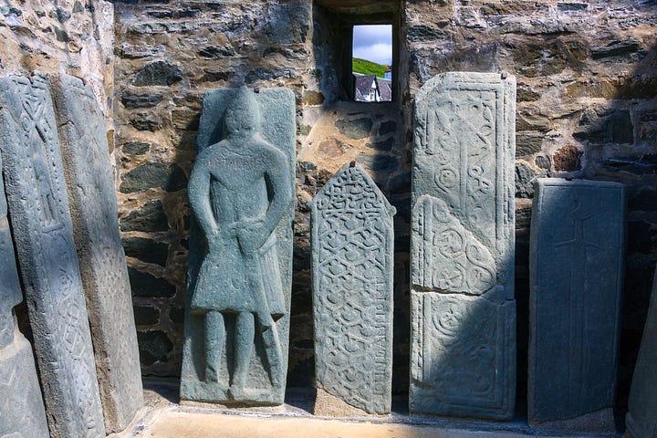 Clockwise from top left: oysterflower on Sanday, Orkney; razorbills on the Isle of May in the Firth of Forth; Knockan Crag in Coigach, north of Ullapool; and medieval carved grave slabs in Kilmartin, Argyll © Felicity Martin