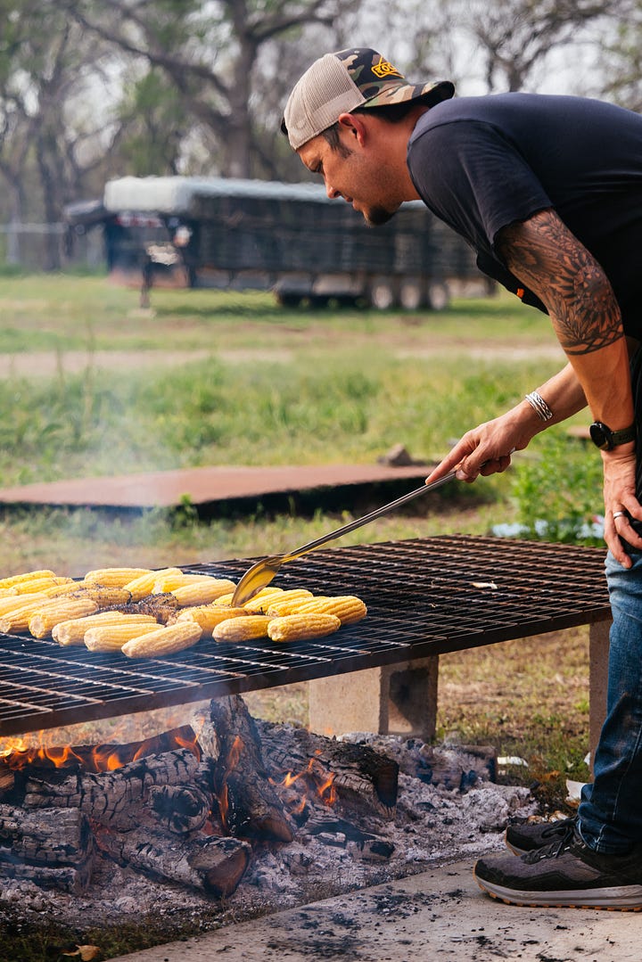 Clockwise from upper left: two men in front of open flame grill; man grilling on open flame; bison steaks on grill; squash on grill