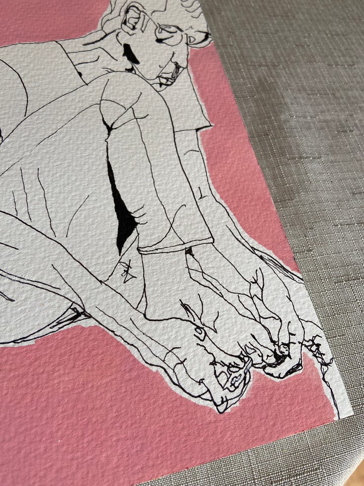 pen drawing of man clipping his toenails with a pink border