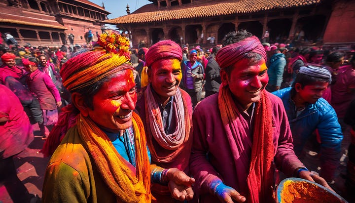 In the throes of Holi's jubilation, these images are a radiant testament to the festival's power to bring people together in a spectacle of shared joy. The first captures the infectious smiles and camaraderie among men adorned with vibrant colors against the backdrop of historic architecture, a living canvas of tradition and merriment. The second image is a whirlwind of ecstatic celebration, with young women lost in the moment, their laughter and dynamic movements creating a symphony of colors that seem to dance in the air. These moments, rich in culture and emotion, underscore the essence of Holi: a time when the zest for life is expressed in its most vivid and communal form.