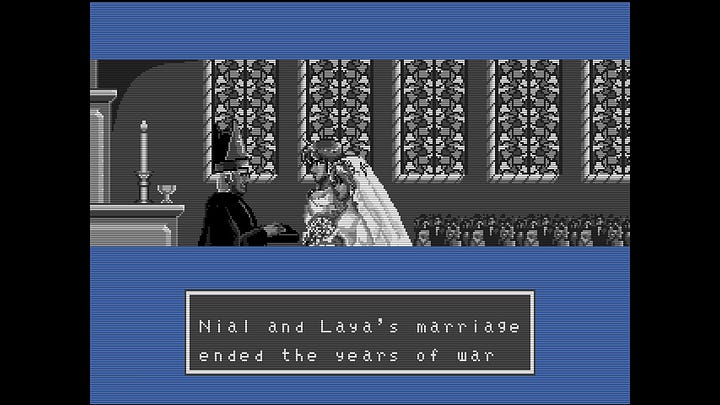 On the left, an image of Rhys, now 18 years older and with a mustache, telling his son Nial to "Take Wren and Mieu, but be careful!" On the right, Nial and his wife, Laya, in a black-and-white side portrait from the moment they're being married, with text reading, "Nial and Laya's marriage ended the years of war"