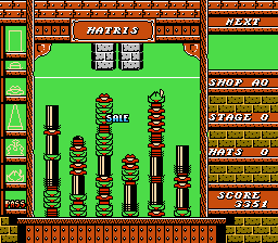 Screenshots from the Famicom and NES editions of Hatris, meant to convey the difference in the visual design of the two, owing to the inclusion of "helper" characters in the NES release.