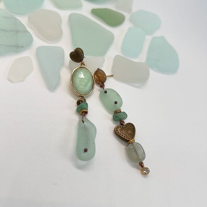 Green Mirror-Totem-Style Asymmetric Earrings with Vintage Elements-by Anita Chaperon