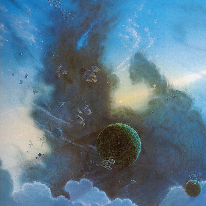 LEFT: Detail from the foreground of THE SMOKE RING featuring a man reaching out from a spherical puffball of plant matter to grab at a woman with swim flippers floating gravity free. A fishlike creature with wings glides above them. Aliens birds with four wings approach the sphere, possibly attracted by the starfish like organisms on its surface. RIGHT: Detail from the background of THE SMOKE RING featuring a dark cloud that flows like soup. Several small clusters of plant matter have a single rootlike tentacle growing out of them. Several buildings in various extended cube arrangements float past the darkness.