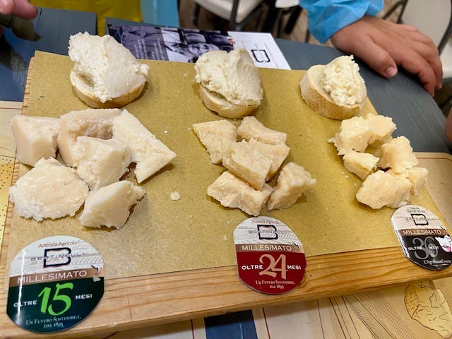 Top left: Parmigiano wheel being formed, Aged parmigiano wheel in the cantina, Me in the cantina/nursery for aging the parmigiano for a minimum of 15 months, our tasting platter with 3 aged parmigianos