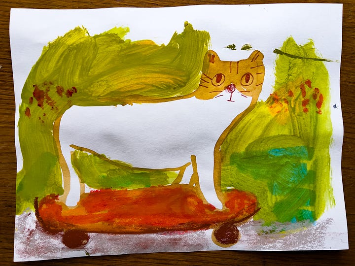 painting of a cat on a skateboard and dog on a plane by Beth Spencer