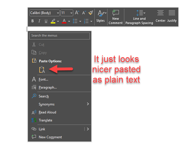 Picture of right click drop down in MS Word with arrow pointing towards plain text paste option