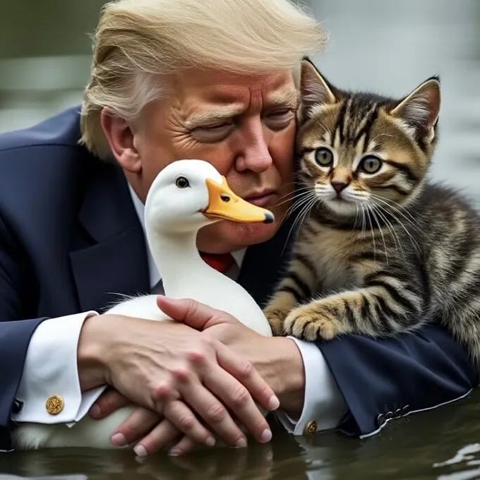 Left: AI image @realdonaldtrump via Instagram. Right: A man carries an AI-generated image of former US President and Republican presidential candidate Donald Trump carrying cats away from Haitian immigrants, a reference to falsehoods spread about Springfield, Ohio, during a campaign rally for Trump at the Tucson Music Hall in Tucson, Arizona, September 12, 2024. Photo: Rebecca Noble/AFP via Getty Images.